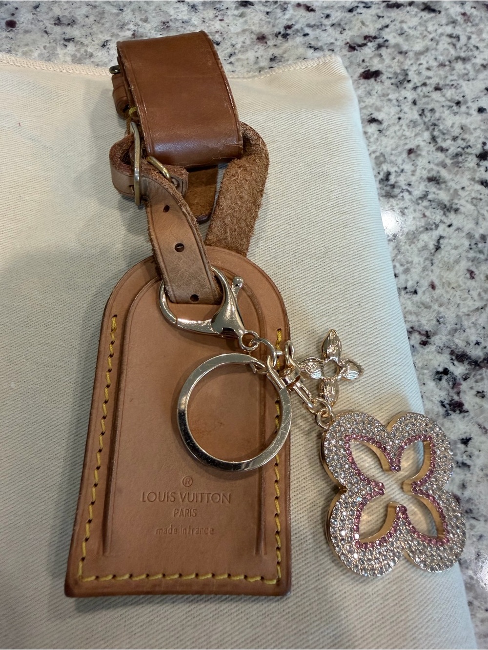Louis Vuitton Tan Leather Key & Crystal Flower Charm Keychain